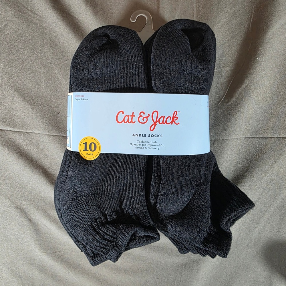 Cat & Jack Kids Black Ankle Socks 10 Pair Pack Cushioned Sole Size L 3-7